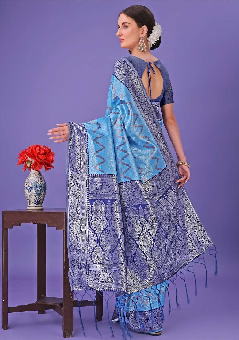 Blue Printed Silk Saree  Set - Indya