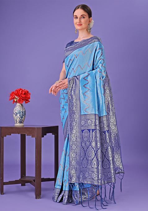 Blue Printed Silk Saree  Set