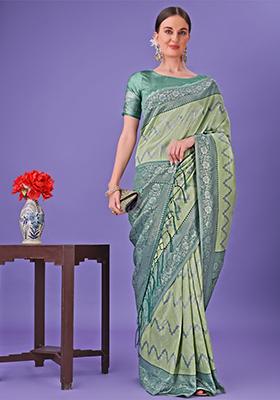 Green Printed Silk Saree  Set