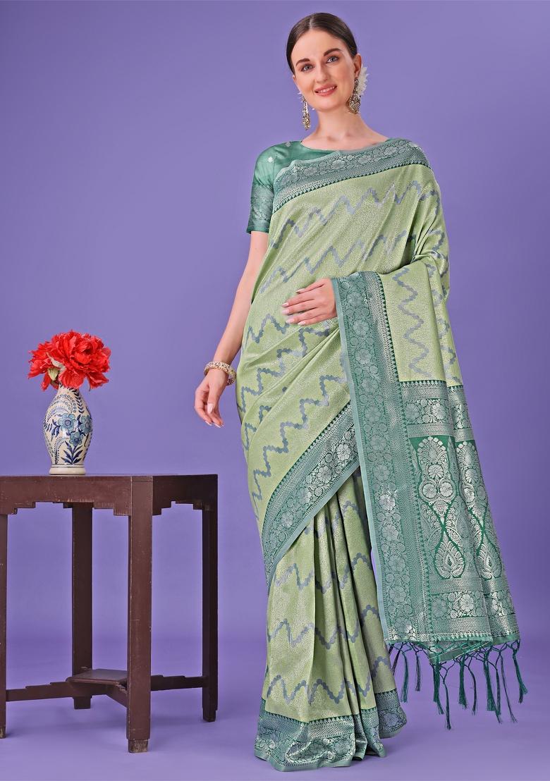 Green Printed Silk Saree  Set