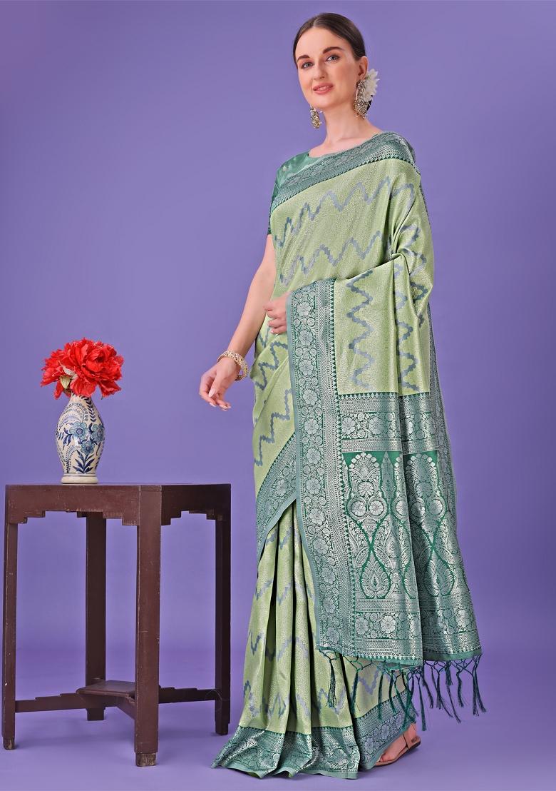 Green Printed Silk Saree  Set