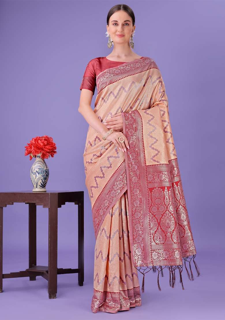 Red Printed Silk Saree  Set - Indya