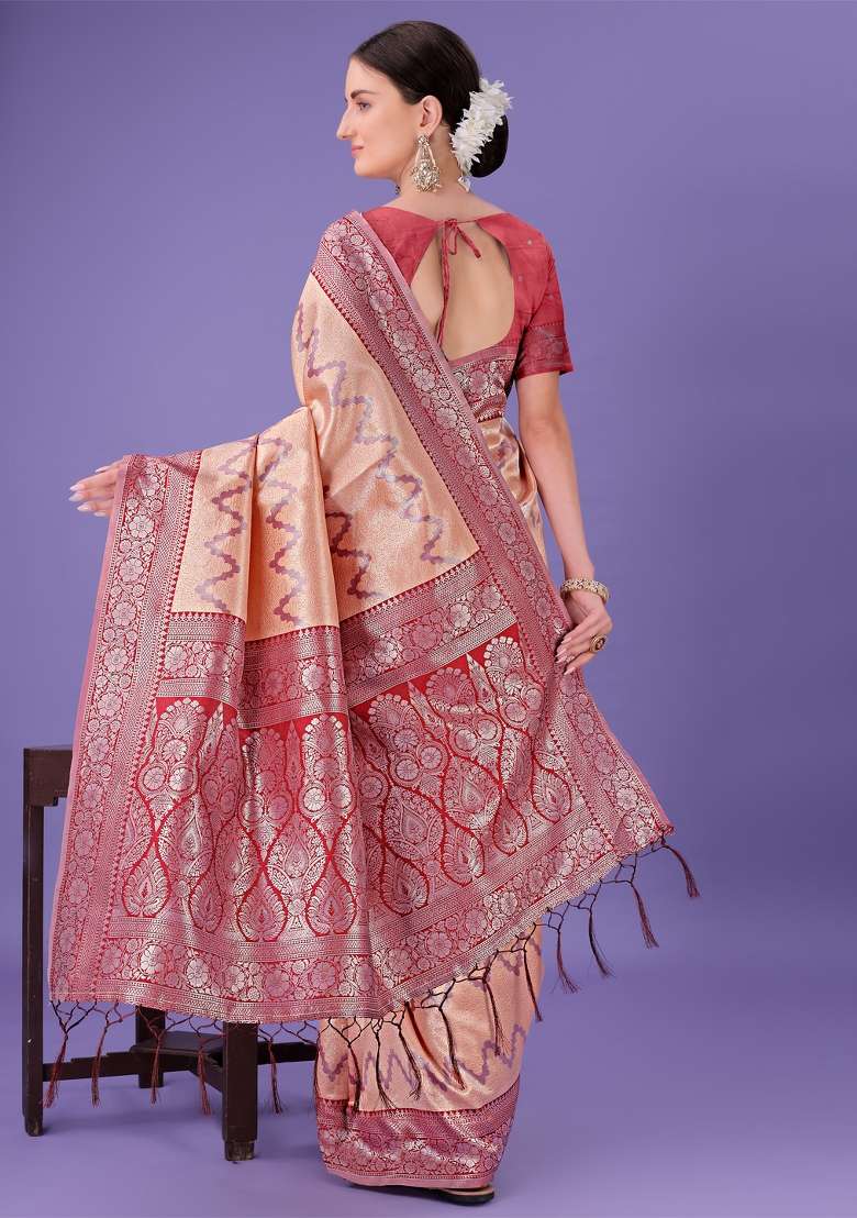 Red Printed Silk Saree  Set - Indya