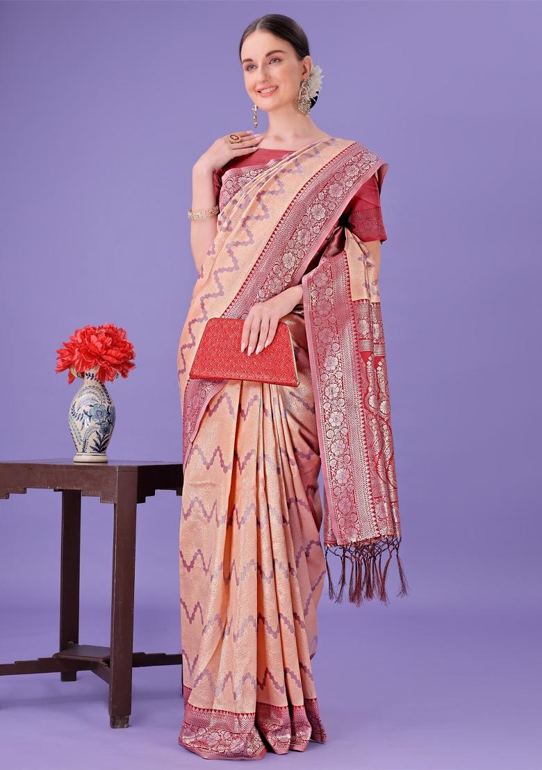Red Printed Silk Saree  Set