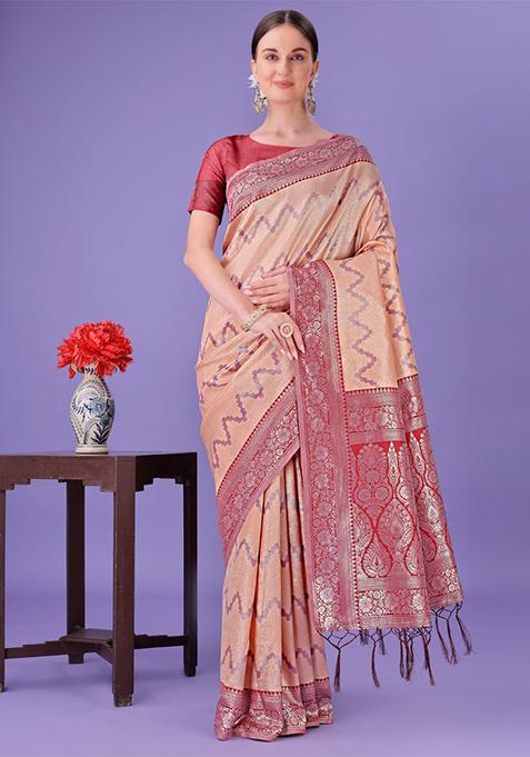 Red Printed Silk Saree  Set