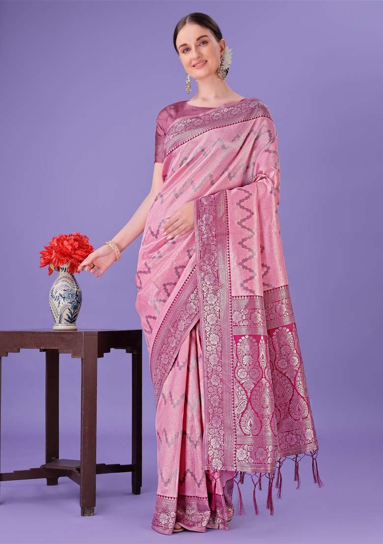 Pink Printed Silk Saree  Set - Indya