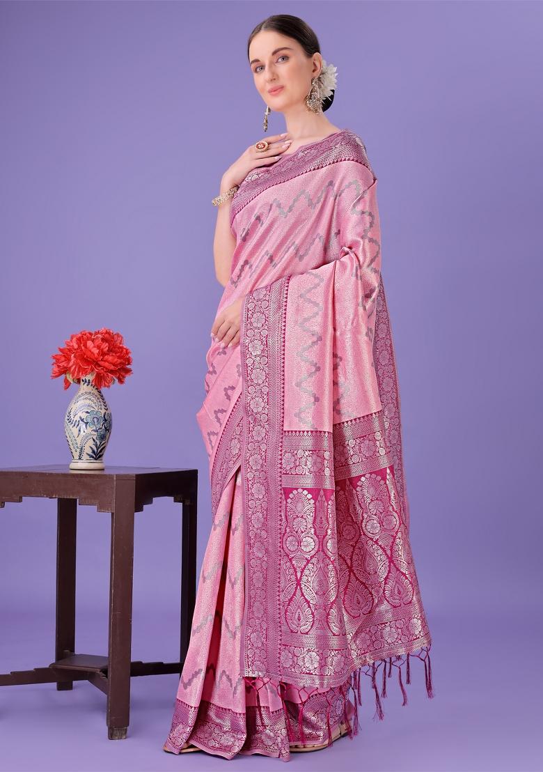 Pink Printed Silk Saree  Set