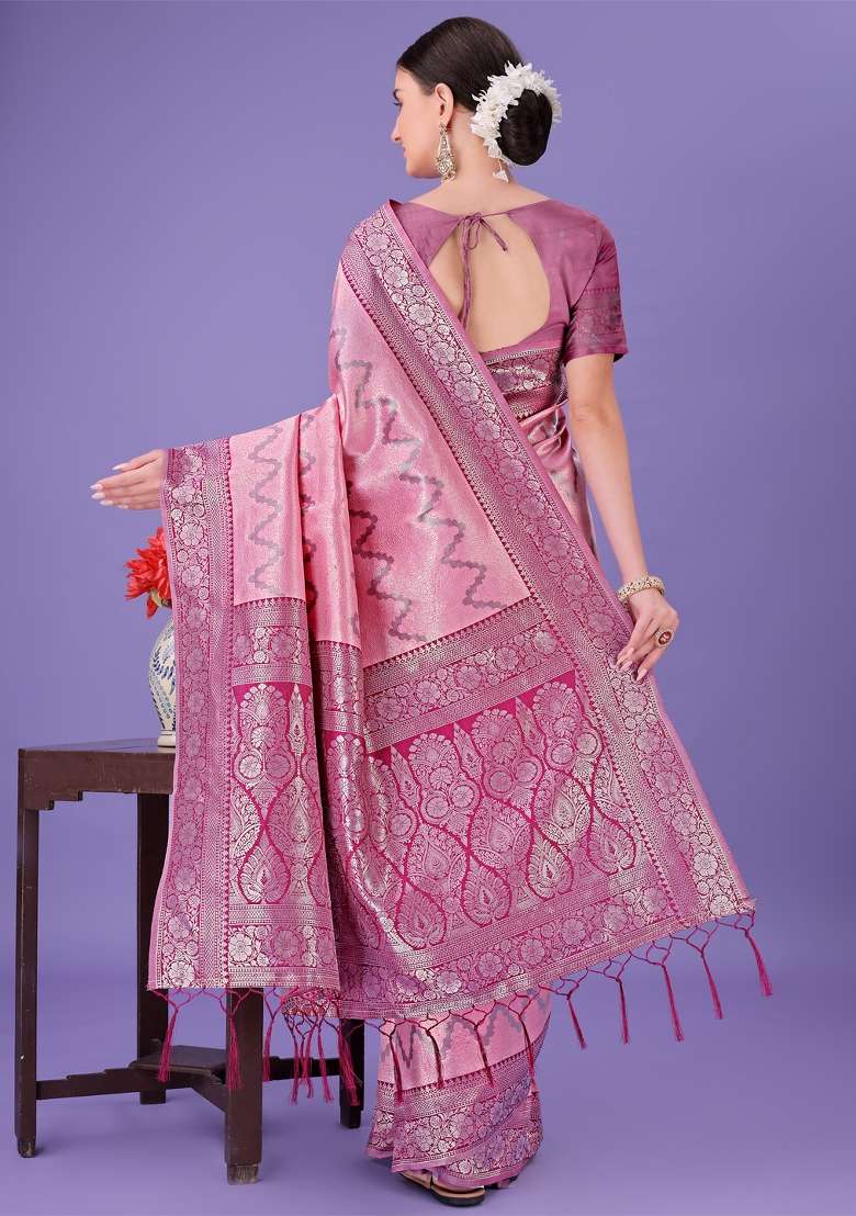 Pink Printed Silk Saree  Set - Indya