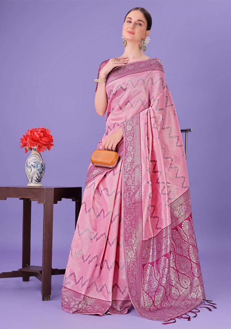 Pink Printed Silk Saree  Set