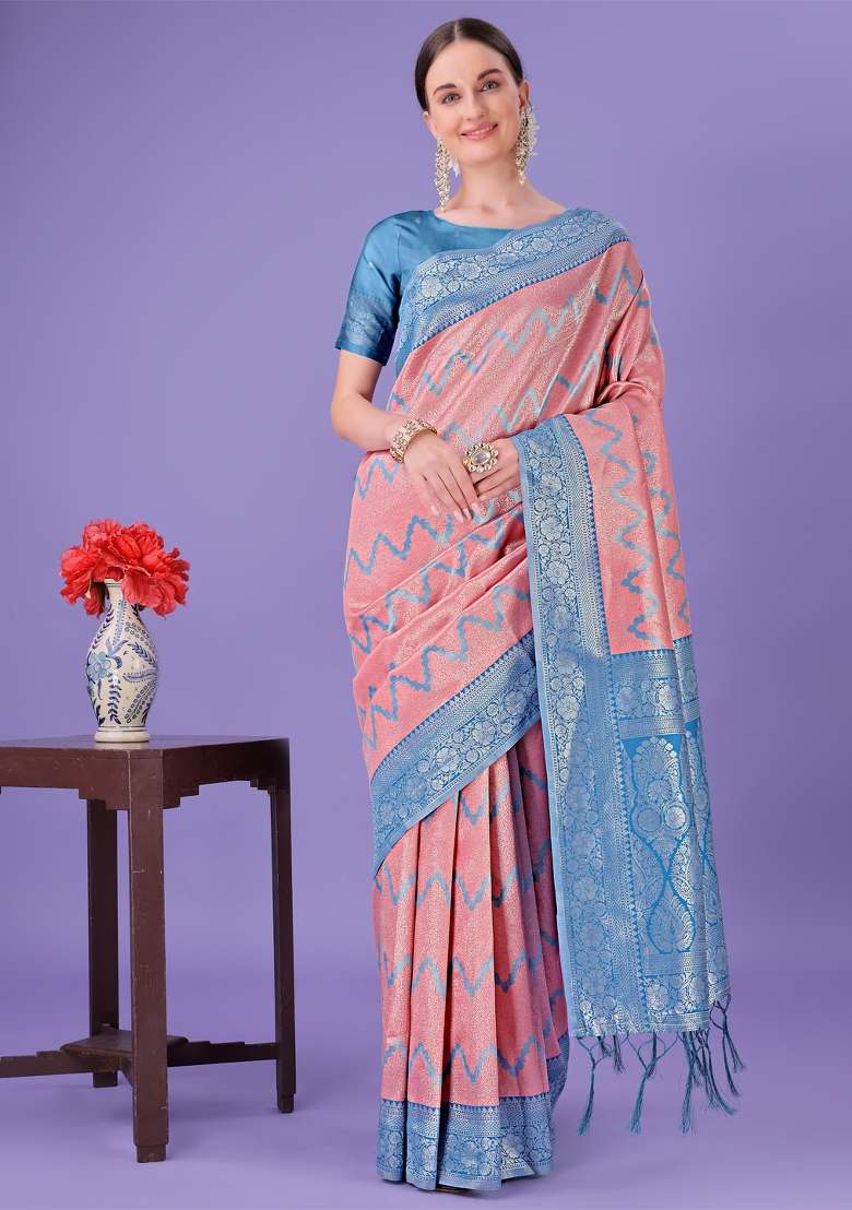 Sky Blue Printed Silk Saree  Set - Indya