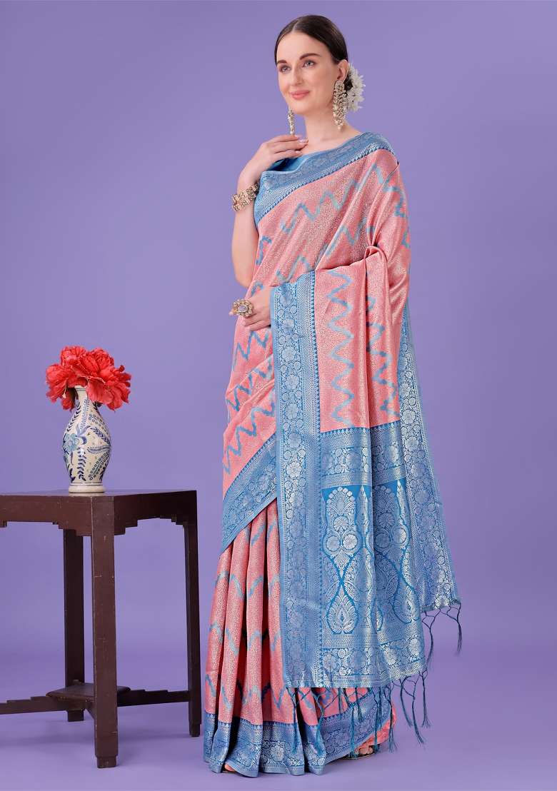 Sky Blue Printed Silk Saree  Set - Indya
