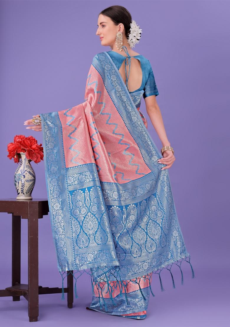 Sky Blue Printed Silk Saree  Set