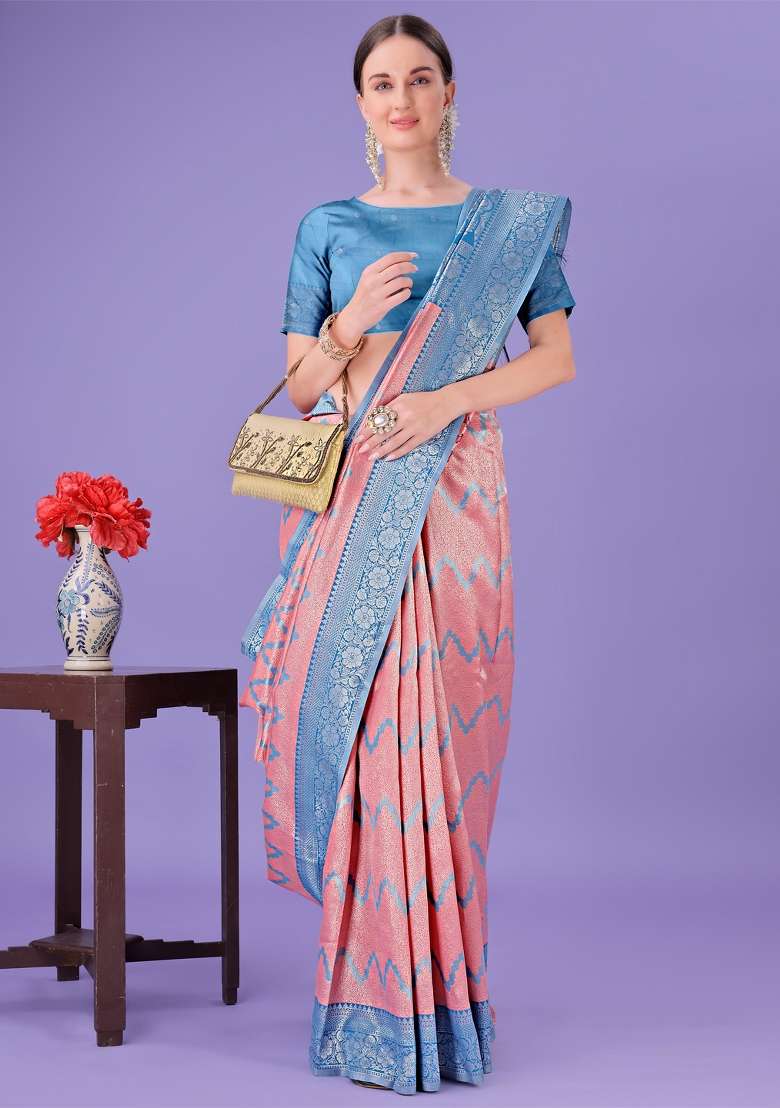 Sky Blue Printed Silk Saree  Set - Indya
