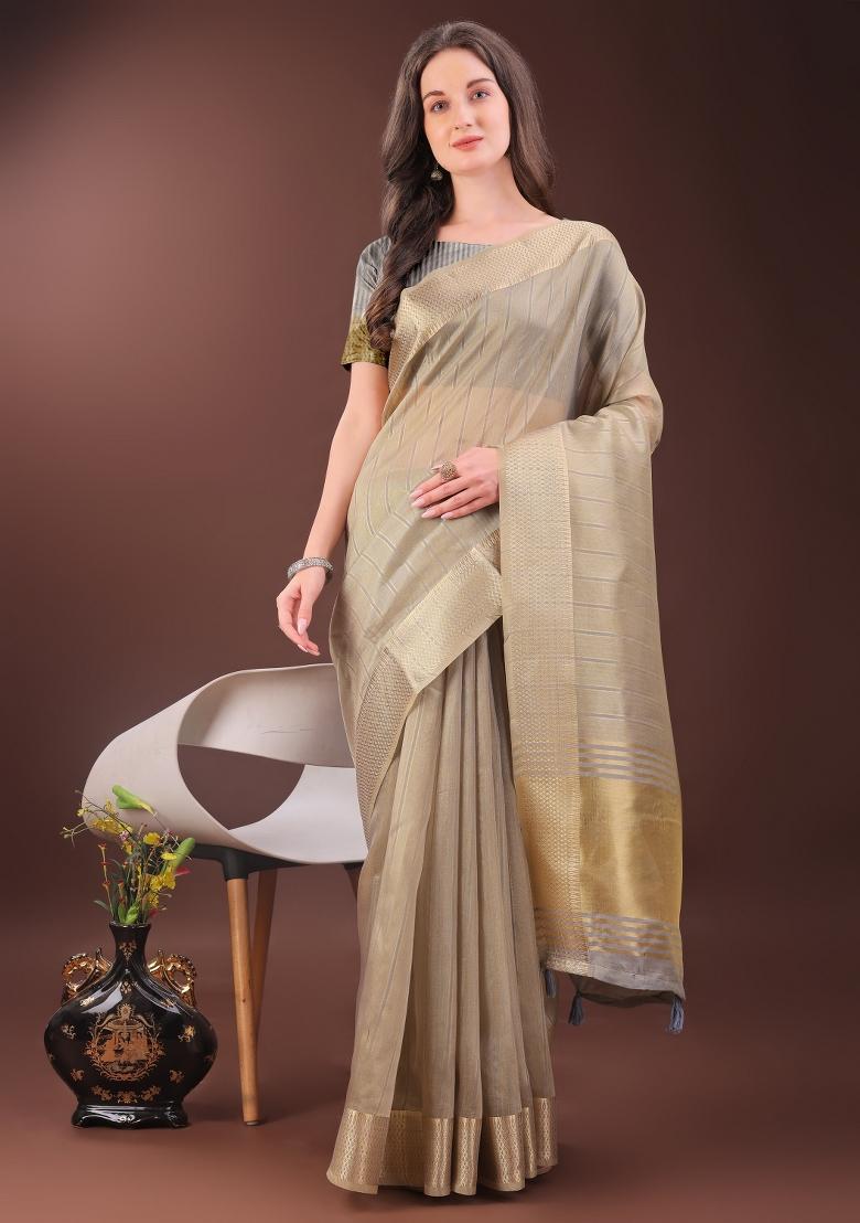 Beige Printed Organza Saree  Set