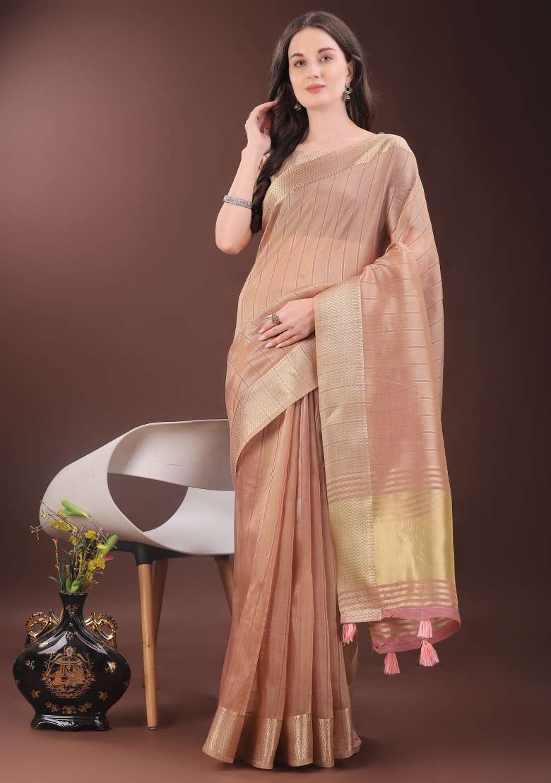 Peach Printed Organza Saree  Set - Indya
