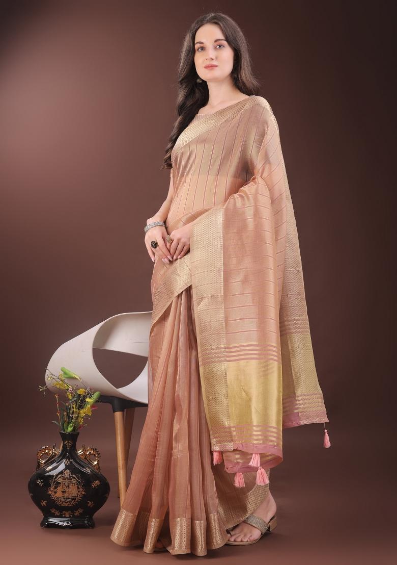 Peach Printed Organza Saree  Set