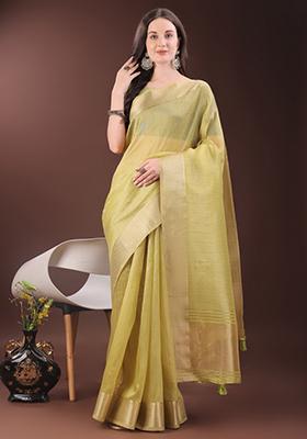 Yellow Printed Organza Saree  Set