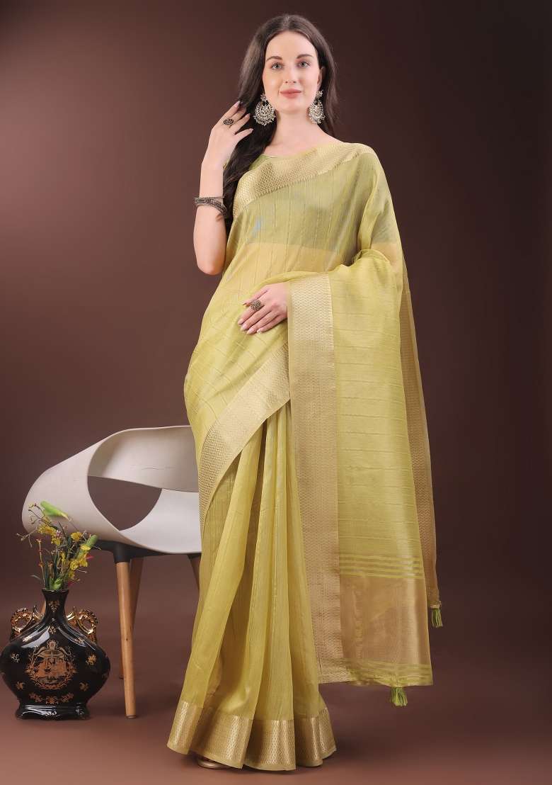 Yellow Printed Organza Saree  Set - Indya