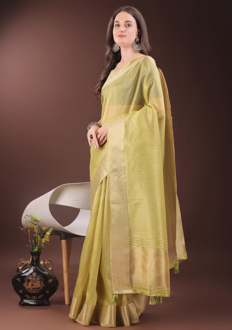 Yellow Printed Organza Saree  Set