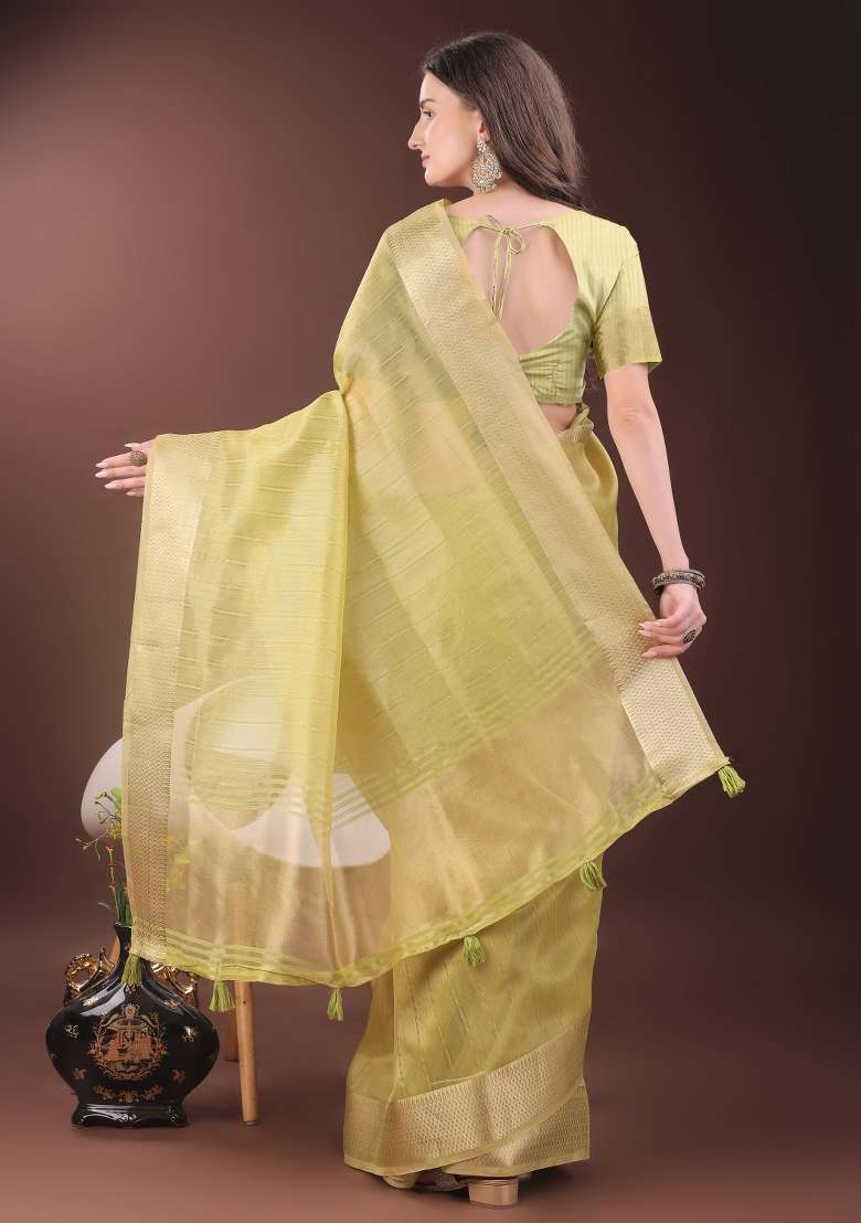 Yellow Printed Organza Saree  Set - Indya