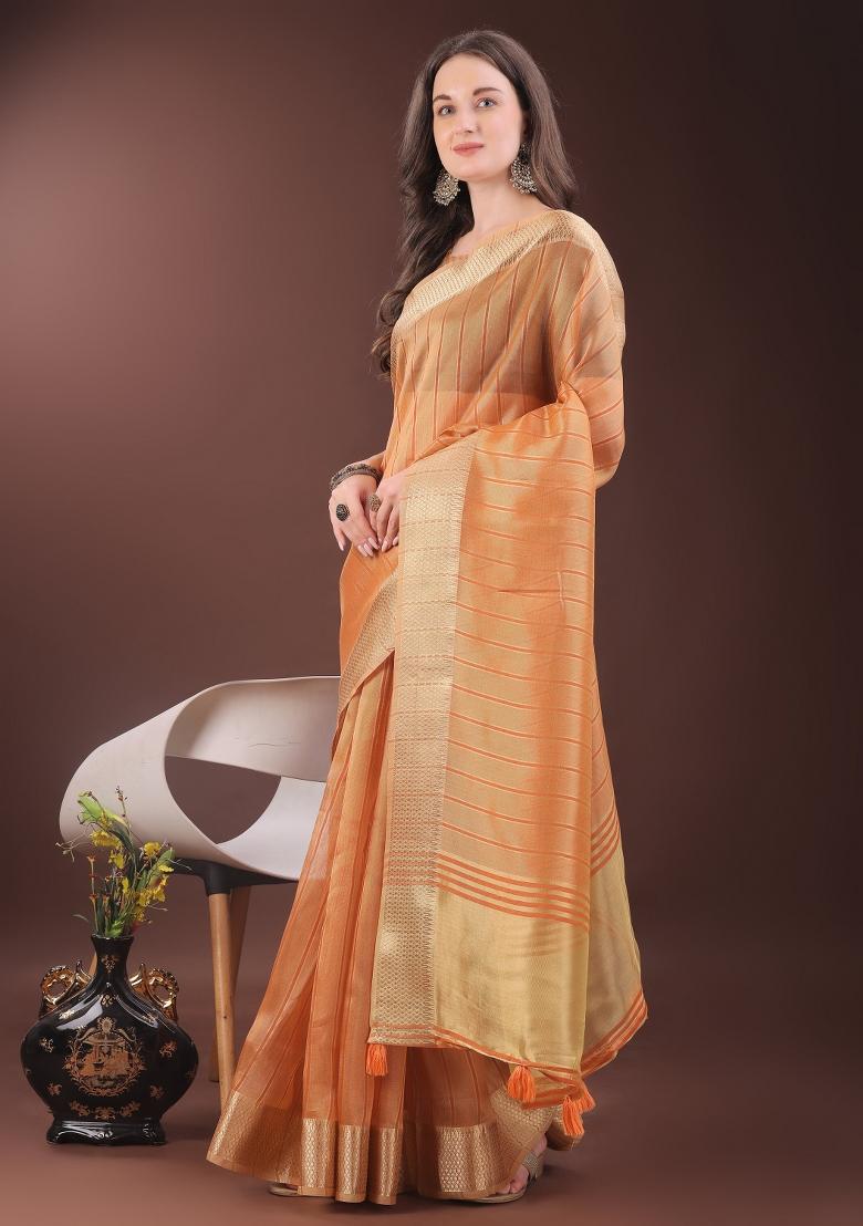 Orange Printed Organza Saree  Set