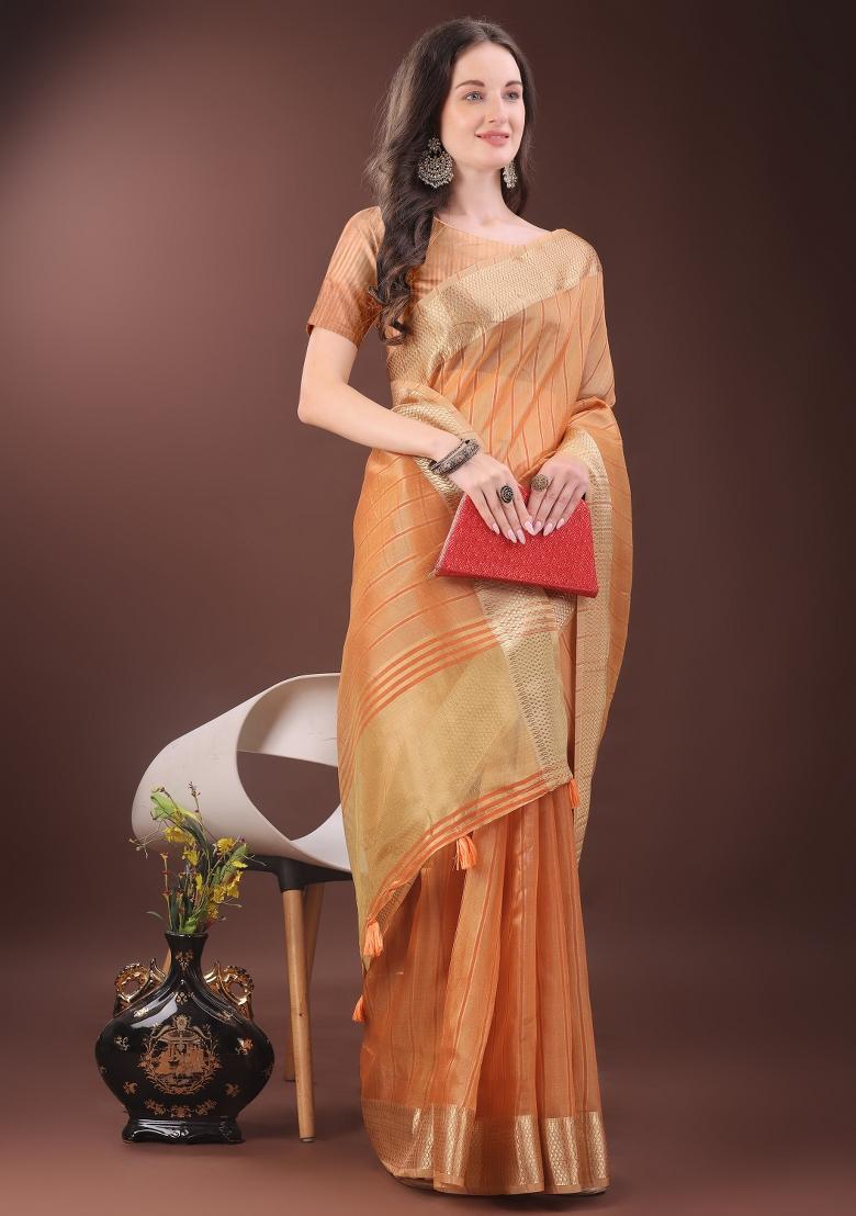 Orange Printed Organza Saree  Set