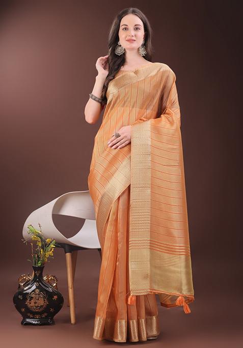Orange Printed Organza Saree  Set