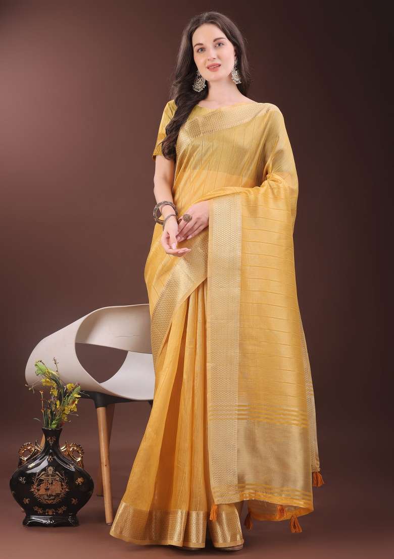 Mustard Yellow Printed Organza Saree  Set - Indya