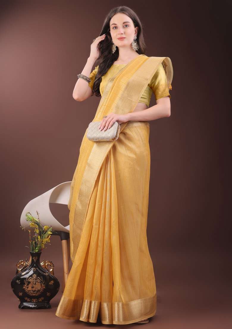 Mustard Yellow Printed Organza Saree  Set - Indya