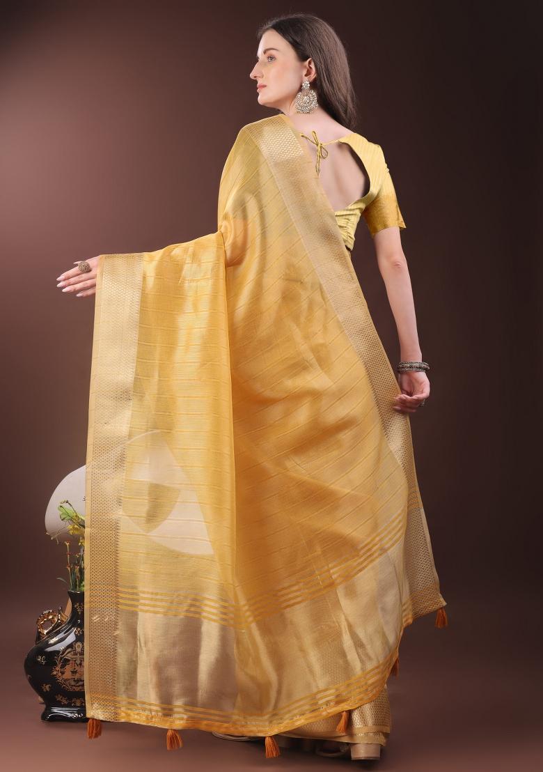 Mustard Yellow Printed Organza Saree  Set