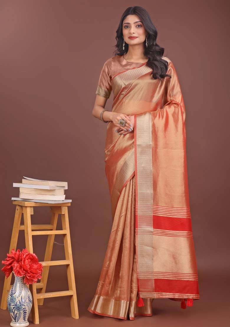 Red Printed Organza Saree  Set - Indya
