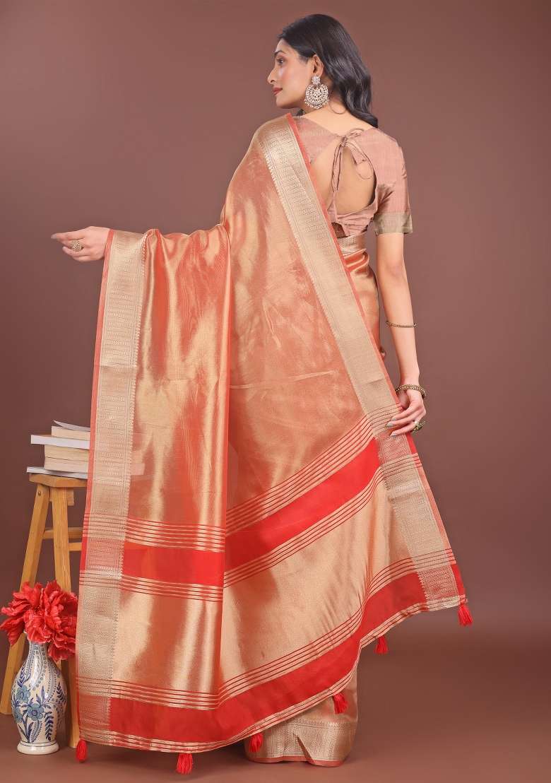 Red Printed Organza Saree  Set - Indya