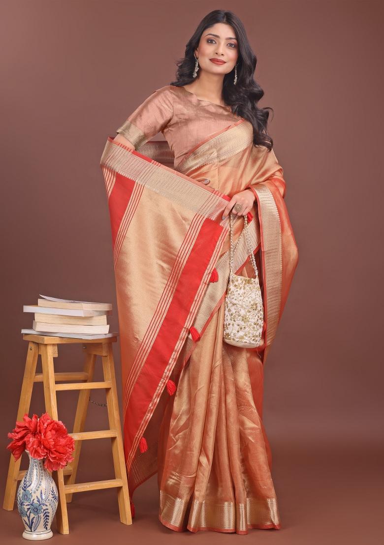 Red Printed Organza Saree  Set