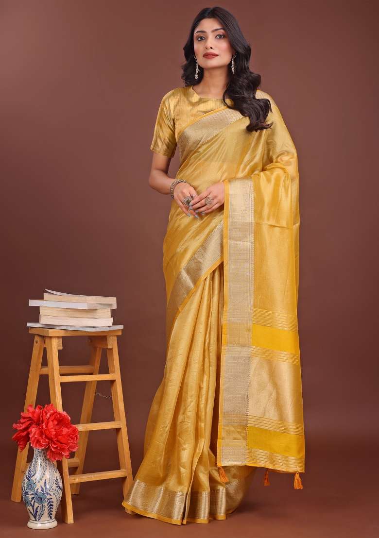 Yellow Printed Organza Saree  Set - Indya