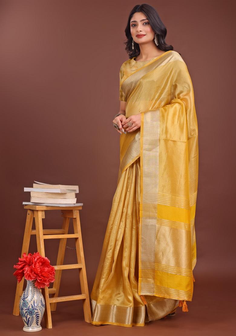 Yellow Printed Organza Saree  Set