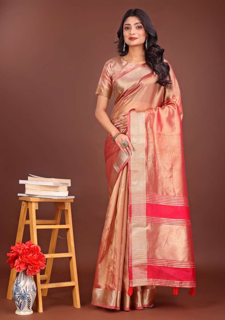 Red Printed Organza Saree  Set - Indya