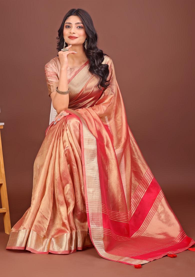 Red Printed Organza Saree  Set