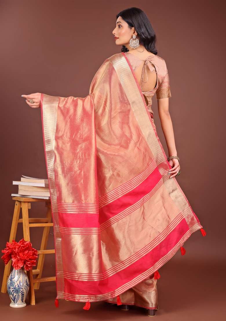 Red Printed Organza Saree  Set - Indya