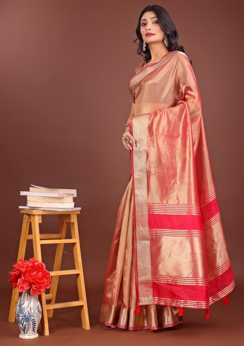 Red Printed Organza Saree  Set