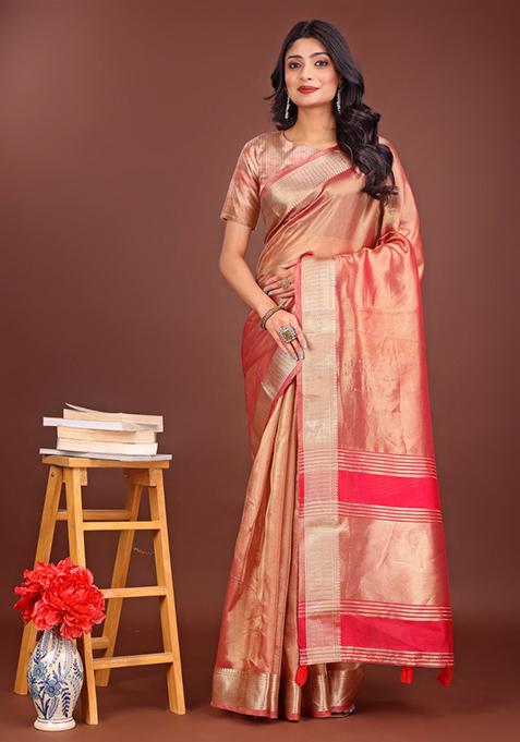 Red Printed Organza Saree  Set