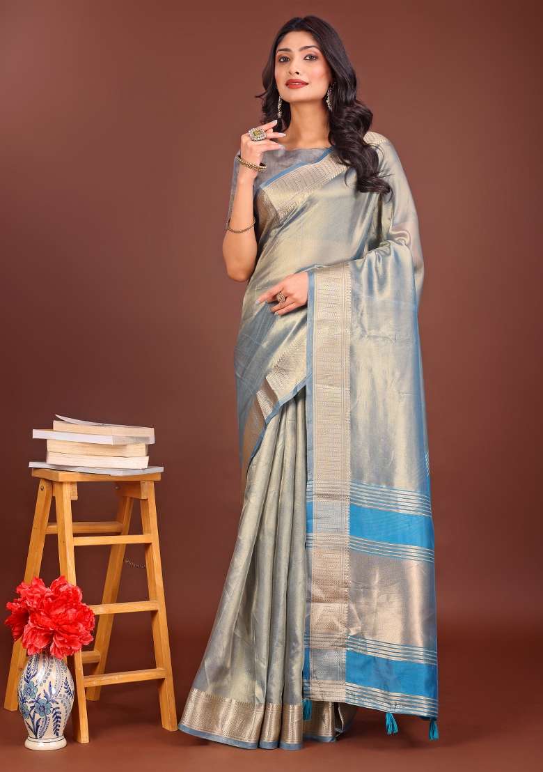 Sky Blue Printed Organza Saree  Set - Indya