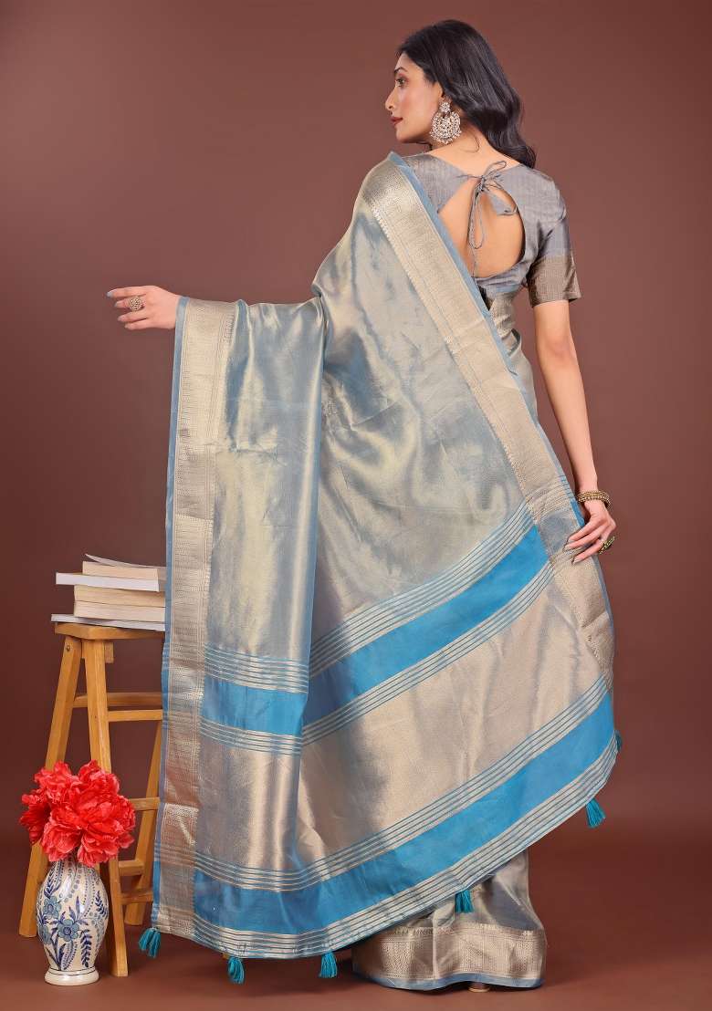 Sky Blue Printed Organza Saree  Set - Indya