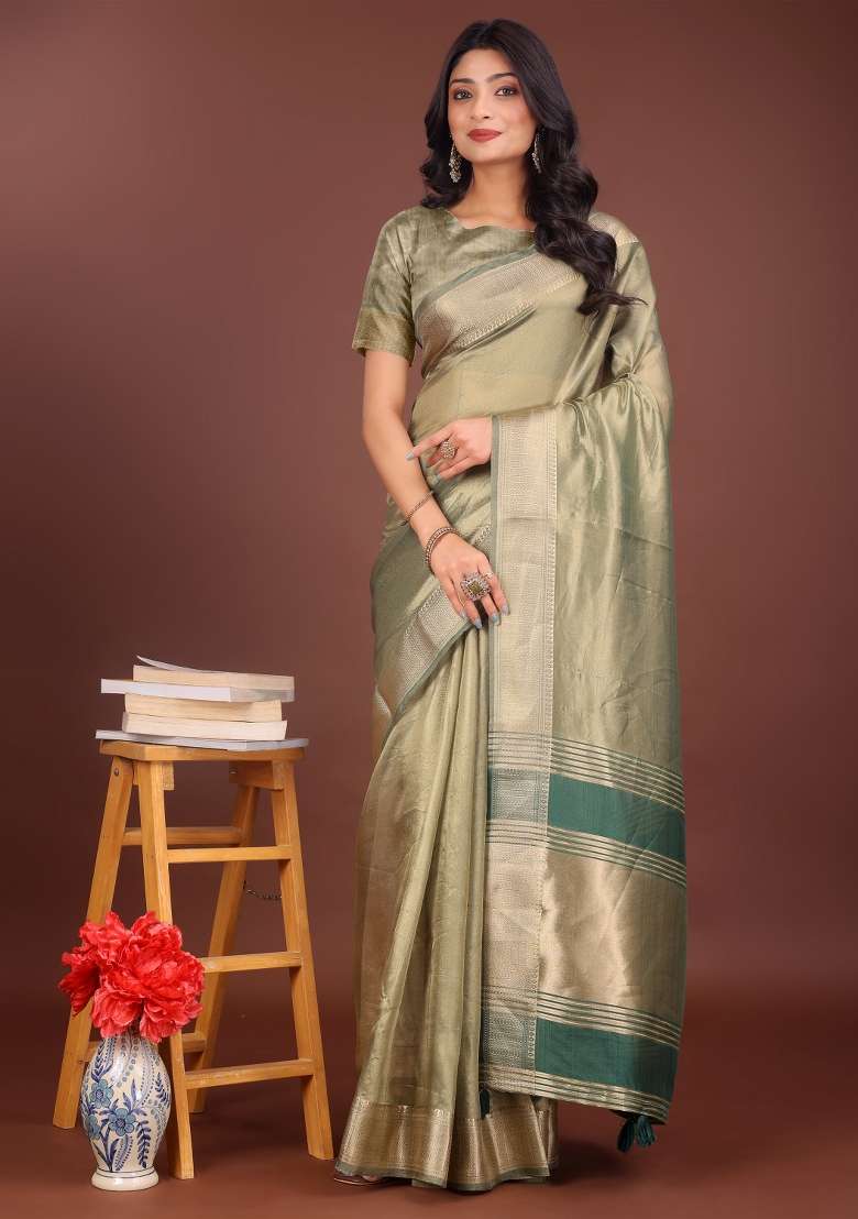 Green Printed Organza Saree  Set - Indya