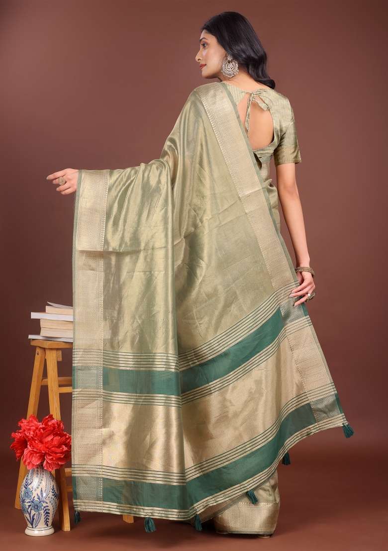Green Printed Organza Saree  Set - Indya
