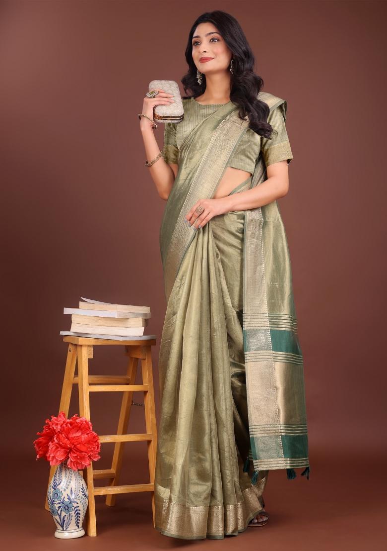 Green Printed Organza Saree  Set