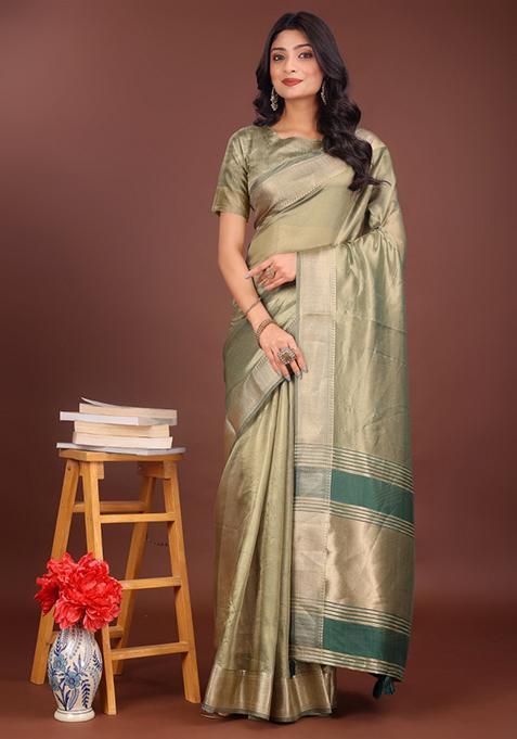 Green Printed Organza Saree  Set