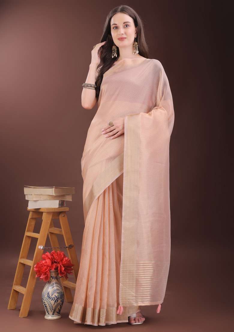 Peach Printed Organza Saree  Set - Indya