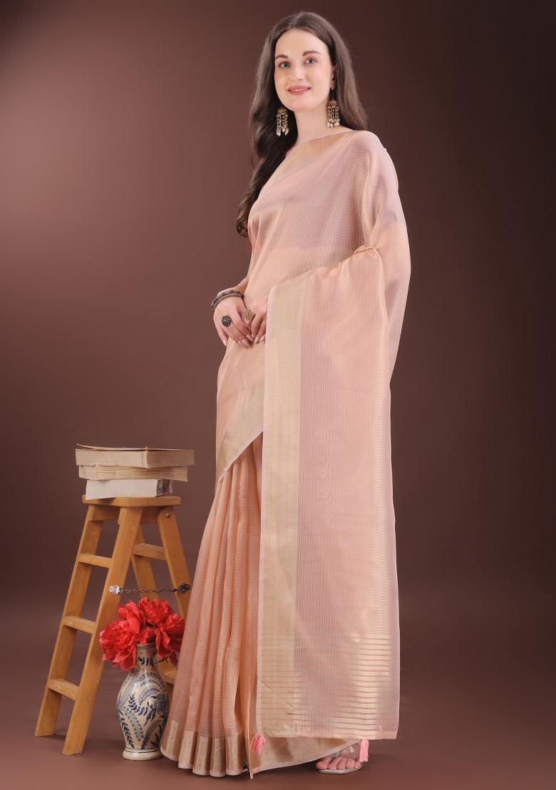 Peach Printed Organza Saree  Set