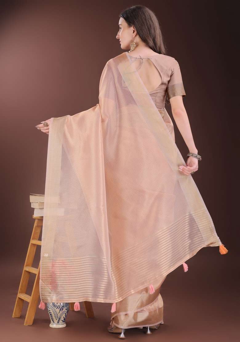 Peach Printed Organza Saree  Set - Indya