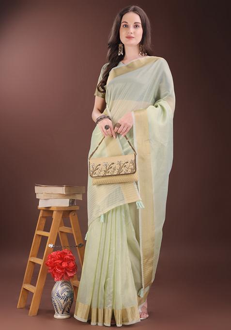 Light Green Printed Organza Saree Set